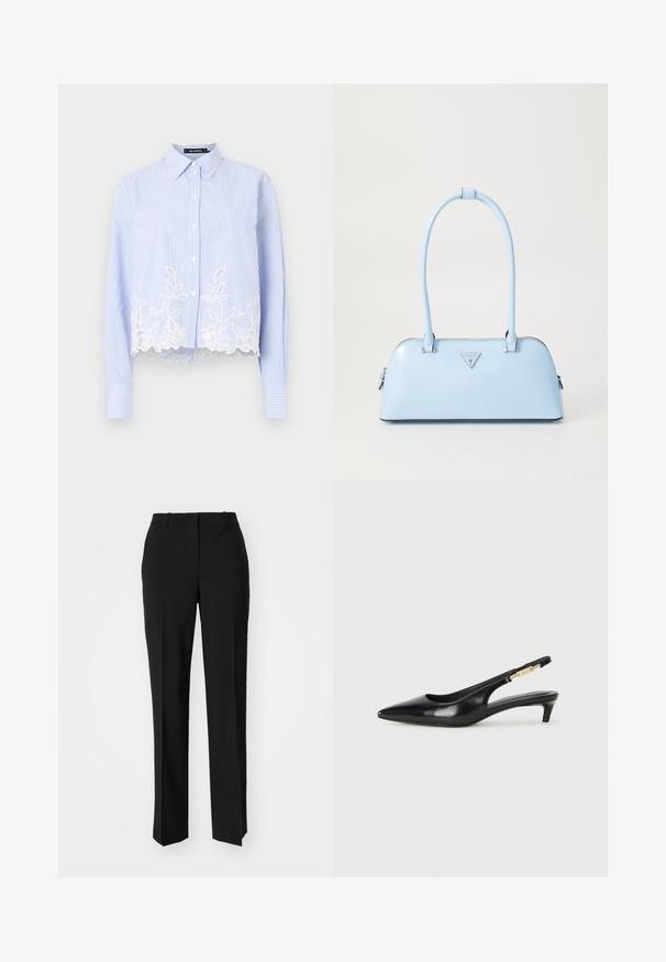 Camisa de botão azul e branca com riscas, com colarinho pontiagudo, apresentando renda branca na bainha e mangas compridas.; Calças pretas de corte ajustado com um design de perna reta, apresentando uma textura lisa e pregas bem definidas na frente. Sem hardware visível.; Saltos slingback em couro preto com bico fino, apresentando um salto esguio e um detalhe em tom dourado na alça ajustável. Textura suave.; Bolsa de mão azul claro com uma forma estruturada, material de couro suave, duas alças e um logótipos triangular na parte da frente. Fecho com zíper.