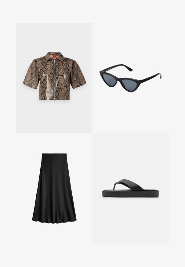 Short-sleeve, cropped jacket with brown and black snakeskin pattern, front zipper, and pointed collar.; Black, satin A-line skirt with a smooth texture, knee-length, featuring a simple, clean design without embellishments or patterns.; Black flip-flop sandals with a smooth upper strap and a textured platform sole. Minimalist design with a low-profile silhouette.; Black cat-eye sunglasses with dark gray lenses, sleek plastic frame, pointed corners, and straight temples. No visible hardware or accents.