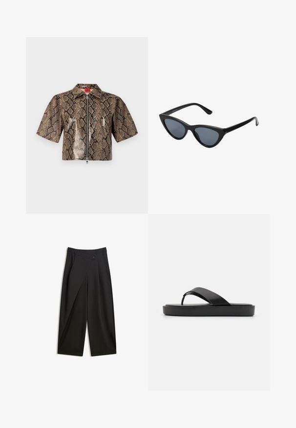 Korte mouwen, cropped jas met een bruin en zwart slangenpatroon, een rits aan de voorkant en een spitse kraag.; Stof met zwarte stippen op een lichtbeige achtergrond. Het ontwerp heeft gelijkmatig verdeelde, volle cirkels op een gladde structuur.; Zwarte wijde broek van soepel materiaal. Beschikt over een voorkant met plooi, een knoopsluiting en een op maat gemaakte tailleband voor een gestroomlijnde pasvorm.; Zwarte flip-flop sandalen met een soepele bovenband en een gestructureerde platformzool. Minimalistisch ontwerp met een laag profiel.; Zwarte cat-eye zonnebril met donkergrijze lenzen, slank plastic frame, puntige hoeken en rechte pootjes. Geen zichtbare hardware of accenten.; Natuurlijk geweven strookentasje met een gestructureerd oppervlak, grote open bovenkant, gebogen vorm en een donkere leren band. Kenmerkt zich door een zwarte accent aan de basis.