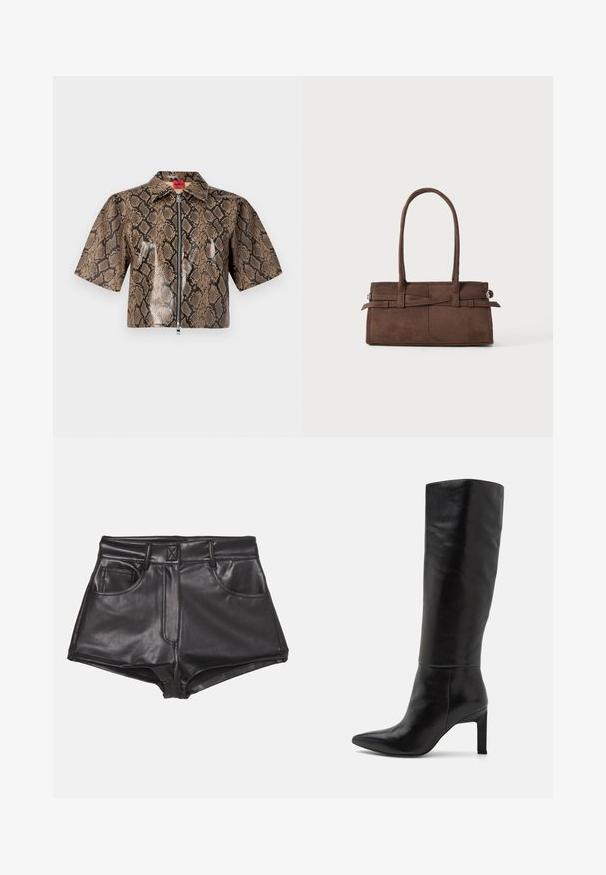 Kortærmet, cropped jakke med brun og sort slangeskinds mønster, frontlynlås og spidse krave.; Sorte faux læder shorts med høj talje, der har to frontlommer, synlige sømme og en glat overflade.; Knæhøje sorte læder stiletto-støvler med spids tå og glat tekstur. Hælen er i blokstil, hvilket tilføjer stabilitet til designet.; Brun ruskinds håndtaske med to robuste håndtag, rektangulær form og dekorativt stropdetalje på forsiden.