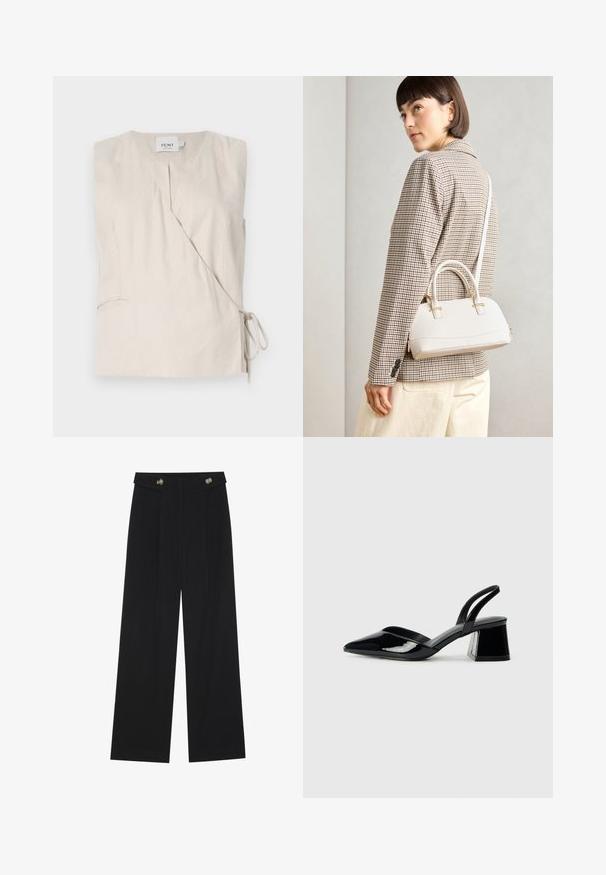 Beige vászon ujjatlan teteje, átkötős dizájnnal, V-kivágással, oldalra kötött csattal és finom textúrával. Tartalmaz egy kis zsebet.; Fekete, bő szárú nadrág magas derékkal, gombos részletekkel a derékrészen és elülső pliszékkal.; Fekete lakk bőr szandálkés magas sarkú cipő, hegyes orral és geometrikus tömbsarkakkal. Karcsú, minimalista dizájn és sima textúra jellemzi.; Fehér, strukturált kézitáska rövid füllel és vállpánttal, arany színű fém kiegészítőkkel és texturált anyagból, szürke háttér előtt bemutatva.