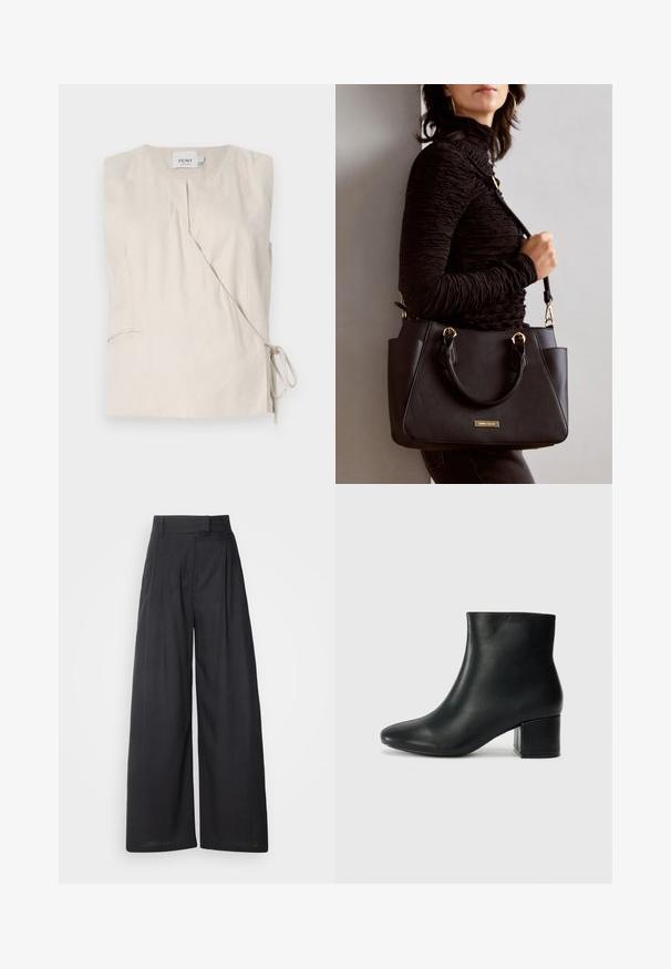 Beige vászon ujjatlan teteje, átkötős dizájnnal, V-kivágással, oldalra kötött csattal és finom textúrával. Tartalmaz egy kis zsebet.; Sötét, bő szárú nadrág, struktúrált derékvonallal és redőkkel. Könnyű anyagból készült, sima tapintású, további látható minták nélkül.; Fekete bőr bokacsizma hegyes orral és vastag sarokkal. Sima felület minimális díszítéssel és karcsú, passzos kialakítással.; Fekete kézitáska texturált felülettel, dupla felső fogantyúval és állítható vállpánttal. Arany színű fém kiegészítők és oldalsó zsebek találhatók rajta.