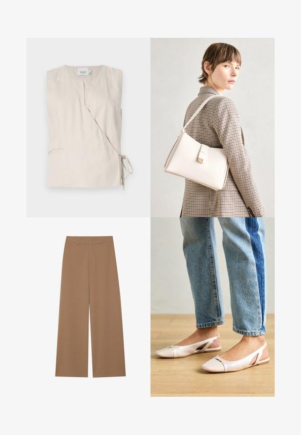 Top senza maniche in lino beige con design avvolgente, dotato di scollatura a V, fiocco laterale e una sottile textura. Include un piccolo dettaglio tasca.; Pantaloni a gamba larga di colore marrone uniforme, realizzati in un tessuto texture; presentano una vita alta e un design strutturato con passanti per cintura.; Ballerine slingback rosa pallido con punta affusolata, realizzate in un materiale simile alla pelle liscio. Presentano dettagli a taglio sui lati e un tacco piatto.; Borsa a mano in pelle bianca con un design strutturato, presente di un clasp magnetico e una tracolla, esposta su uno sfondo neutro.