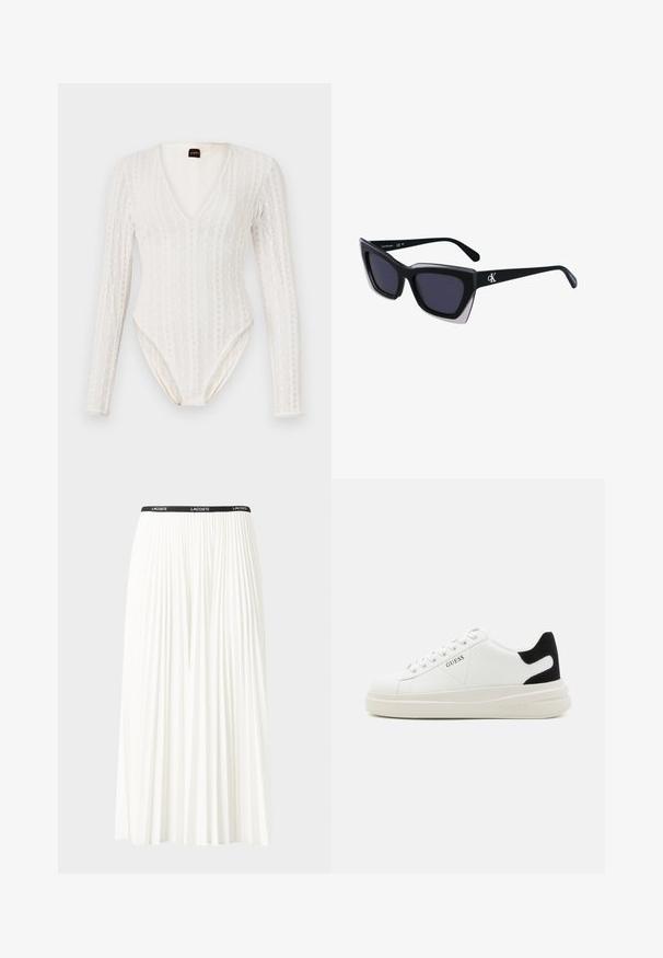 Valge pika varrukaga body, millel on sügav V-kaelus, tekstuuriga kudum ja istuv siluett, mille alumises osas on trukk.; Kurtitudega valge seelik musta elastse vööga, millel on "LACOSTE" logo. Keskmise pikkusega disain pehme tekstuuriga.; Valged nahast tennisetossud paksu valge tallaga, musta sametist kontsakeeuga ja külje peal riigilogo reljeefne kujundus. Lukkeskeem kuue silmaauguga.; Mustad suured mustad prillid geomeetrilise kujuga, tumedate läätsedega ja kontrastse halli detailiga raamidel. Logo käe peal.