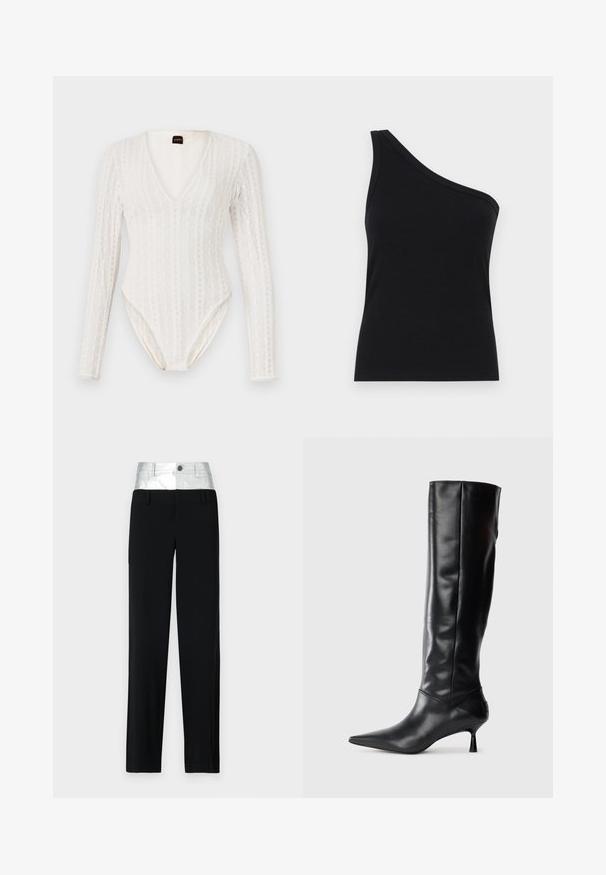 Body alb cu mâneci lungi, având decolteu adânc în V, model texturat din tricot și siluetă ajustată, cu închidere prin capse la baza.; Top tank din material ribbed, negru, cu un umăr, cu un design ajustat și o textură moale. Prezintă o croială curată și minimă, cu o linie de gât fină.; Pantaloni negri cu o curea strălucitoare din silver. Au sistem de închidere cu nasture și patru buzunare, cu o croială ajustată și un design cu picior drept.; Botine negre din piele, până la genunchi, cu vârf ascuțit și toc subțire, curbat. Textură netedă, design ajustat și fără elemente de prindere sau modele vizibile.