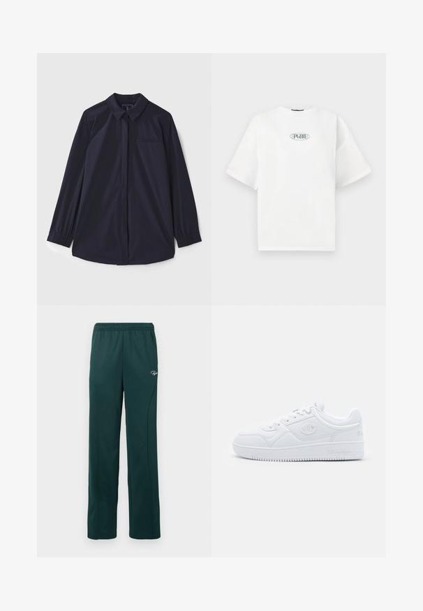 Camisa de manga longa azul marinho com colarinho, fechamento por botões, um bolso no peito e punhos elásticos. Feita de um tecido suave.; T-shirt branco de manga curta feito de algodão, apresentando um logótipo gráfico em verde dentro de uma forma oval no centro do peito.; Calças de fato de treino verde-escuras feitas de um tecido macio, apresentando uma cintura elástica e costuras laterais, com um pequeno logótipo à frente.; Sapatilha branca feita de material sintético liso, com bico arredondado, sola plana e discretos detalhes do logótipo nas laterais. Design clássico de cano baixo.