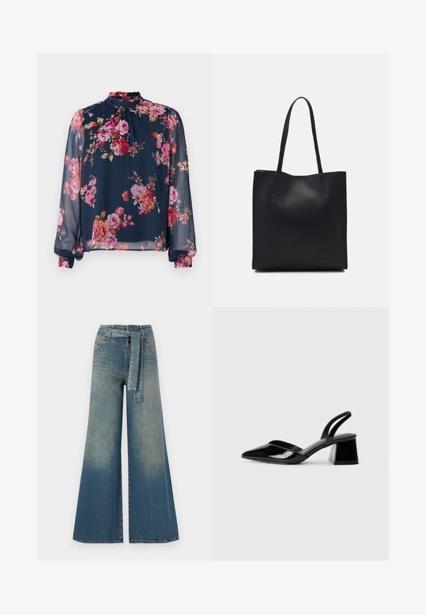 Blomstret bluse med lange, gennemsigtige ærmer; mørkeblå bundfarve med lyserøde og orange blomster; høj halsudskæring og samlede manchetter ved håndleddene.; Bredde ben jeans med en lyseblå til mørkeblå gradient, høyt liv, beltehemper og et matchende belte i samme stoff. Teksturert denimoverflate.; Svarte patentlær slingback hæler med spiss tå og geometrisk blokk hæl. Har et stilrent, minimalistisk design og jevn tekstur.; Svart lær tote bag med glatt tekstur, rektangulær form og to lange håndtak. Ingen synlige deler eller dekorasjoner.