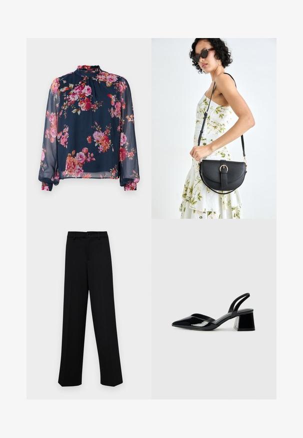 Blumenbluse mit langen, durchsichtigen Ärmeln; marineblaue Grundfarbe mit rosa und orangefarbenen Blumen; hoher Halsausschnitt und geraffte Manschetten an den Handgelenken.; Schwarze, weit geschnittene Hosen aus glattem Stoff, mit einem klassischen Taillenbund und einem Knopfverschluss sowie vorderen Falten.; Schwarze Lackleder-Slingback-High Heels mit spitzem Schuh und einem geometrischen Blockabsatz. Verfügt über ein schlankes, minimalistisches Design und eine glatte Textur.; Schwarze Lederhandtasche mit geschwungener Form, abnehmbarem Tragegurt und goldenen Beschlägen. Die Tasche verfügt über einen Deckel mit einer Schnallen-Details.