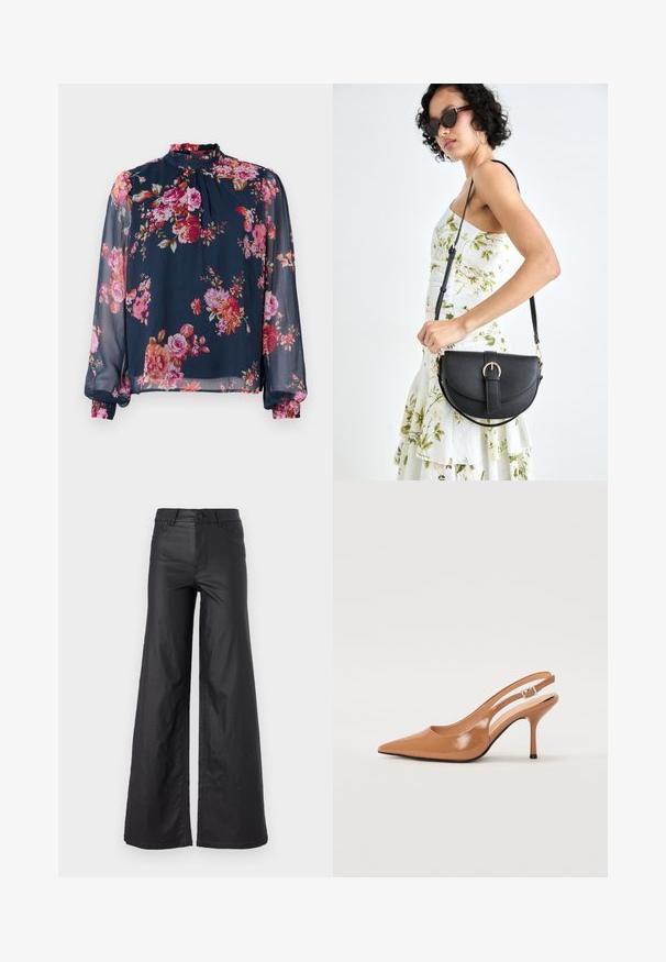 Lillelillede pluus pikkade, läbipaistvate varrukatega; tumesinine alusvärv roosade ja oranžide lilledega; kõrge kaelus ja voltimisvõimalusega mansetid randmetel.; Mustad, laiad püksid kunstnahast. Omab kõrget vööd, vöökotte, kahte esipoolset taskut ja õmmeldud detaile.; Küüntega slingback konts, mis on valmistatud siledast ja läikivast tan värvi materjalist. Omab kaarjat lõigatud disaini ja õhukest stiletto kontsa. Hõbedane pandla detail.; Mustmust mustraha kõverate joontega, eemaldatava rihmaga ja kuldsete detailidega. Kotil on klapp, millel on pandladetail.