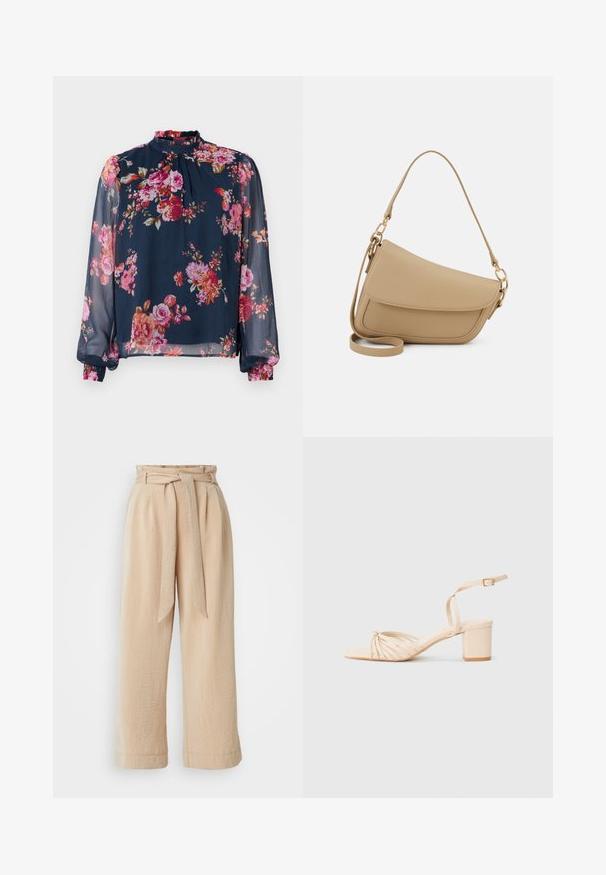 Kvetinová blúzka s dlhými, priesvitnými rukávmi; námornícka modrá základná farba s ružovými a oranžovými kvetmi; vysoký výstrih a naťahovacie manžety na zápästiach.; Béžové nohavice s širokými nohavicami a opaskom v páse, vyrobené z textúrovanej tkaniny. Má predné záhyby a hladký povrch na leme.; Béžové sandále na podpätku s pretiahnutým dizajnom na špičke, členkovým remienkom a blokovým podpätkom. Hladká textura, minimalistický štýl.; Even&Odd Kabelka - beige