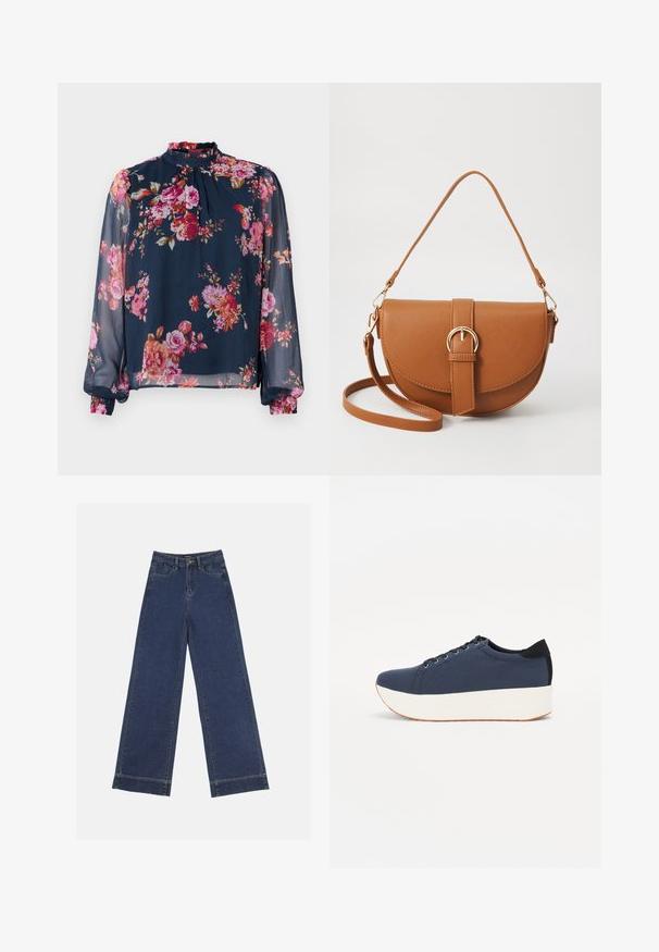 Blomstret bluse med lange, transparente ærmer; marineblå bundfarve med pink og orange blomster; høj halslinje og draperede manchetter ved håndleddene.; Vidde bukser i mørkeblå denim. Har fem lommer, bæltestropper og en rå kant nederst med synlige stikninger.; Mørkeblå sneakers med en struktureret stofoverdel, hvid platformssål, rund tå og sort hælakkent. Har seks snøreøjer til snørebånd.; Brun læder crossbody taske med en buet form, guldfarvet hardware og en spændeaccent. Har en aftagelig skulderrem.