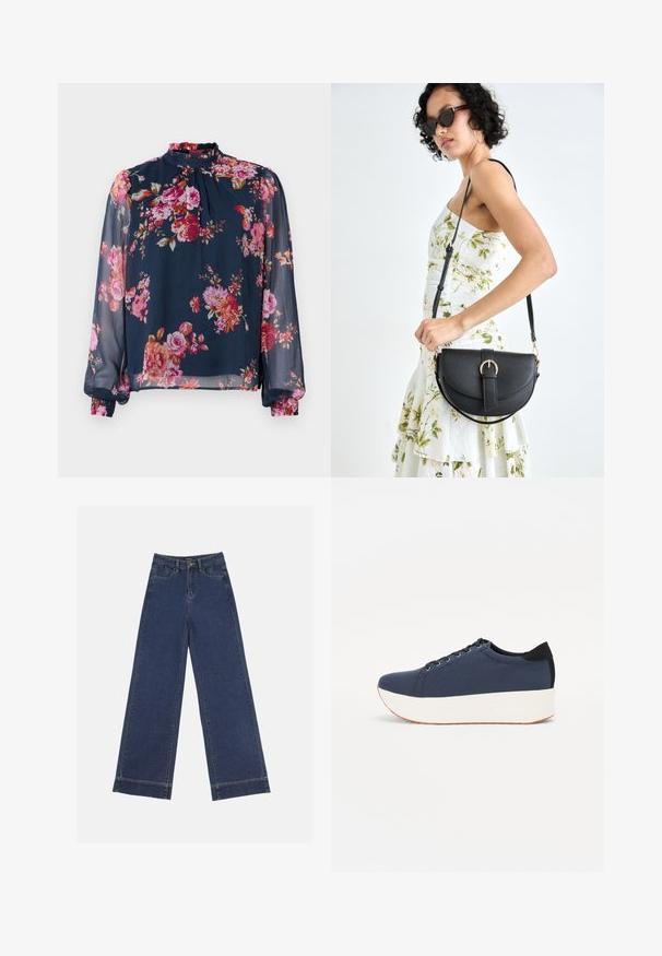 Floral blouse with long, sheer sleeves; navy base color with pink and orange flowers; high neckline and gathered cuffs at the wrists.; Wide-leg jeans in dark blue denim. Features five pockets, belt loops, and a raw hem at the bottom with visible stitching details.; Navy blue sneaker with a textured fabric upper, white platform sole, rounded toe, and black heel accent. Features six eyelets for laces.; Black leather handbag with a curved shape, detachable strap, and gold hardware. The bag features a flap with a buckle detail.