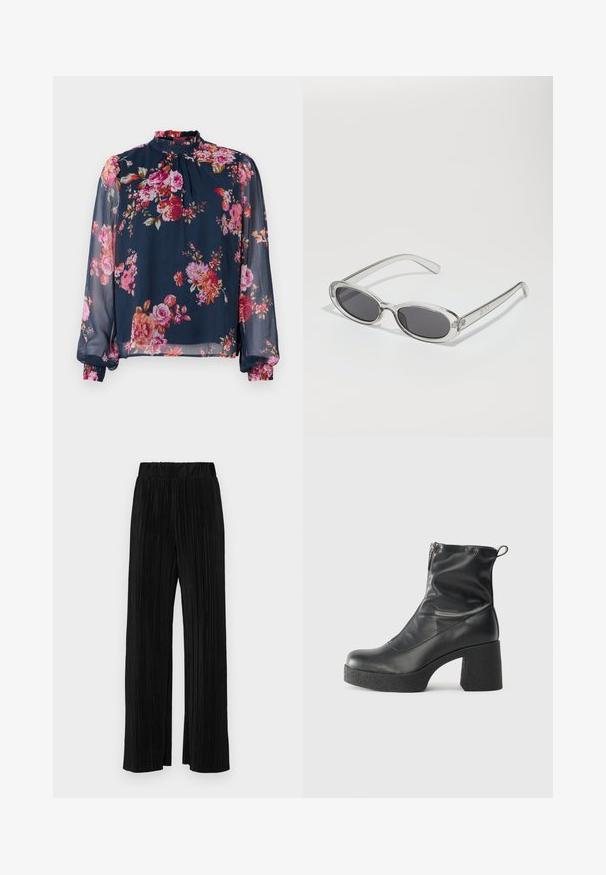 Gėlių bluzonė su ilgais, permatomais rankovėmis; tamsiai mėlyna pagrindo spalva su rožinėmis ir oranžinėmis gėlėmis; aukštas kaklas ir raukšlėti rankogaliai ties riešais.; Juodi plisuoti kelnės su elastine juosta. Turėkite plačias kojas ir glotnų, tekstūrinį audinį su vertikaliais dryžiais.; Juodos kulkšninių botai, pagaminti iš lygaus odos, su šoniniu užtrauktuku, masyviu tekstūruotu kulnu ir apvaliu pirštu.; Akiniai nuo saulės ovalo formos, su skaidriu plastiko rėmu, tamsiai pilkais objektyvais ir plonomis skaidriomis šakėmis, dekoruotais logotipų akcentais ir minimaliais detalėmis.