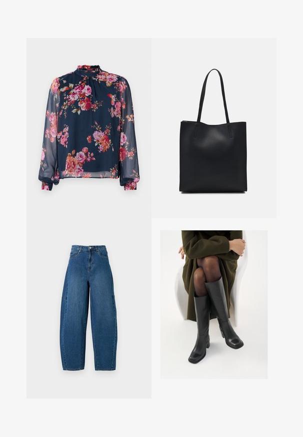 Virágmintás blúz hosszú, áttetsző ujjakkal; tengerészkék alapszín rózsaszín és narancssárga virágokkal; magas nyakkivágás és ráncolt mandzsetták a csuklóknál.; Közepes kék mosású farmernadrág, magas derékkal, széles lábszárral és hagyományos öt zsebes kialakítással, látható varrási részletekkel.; Térdfelett érő fekete bőr csizmák négyzet alakú orral és tömbtalppal, olajzöld kabátban ülő modellel bemutatva. Simaság, minimalista részletezés.; Fekete bőrtáska sima felszínnel, téglalap alakú, két hosszú füllel. Nincs látható fémkiegészítő vagy díszítés.
