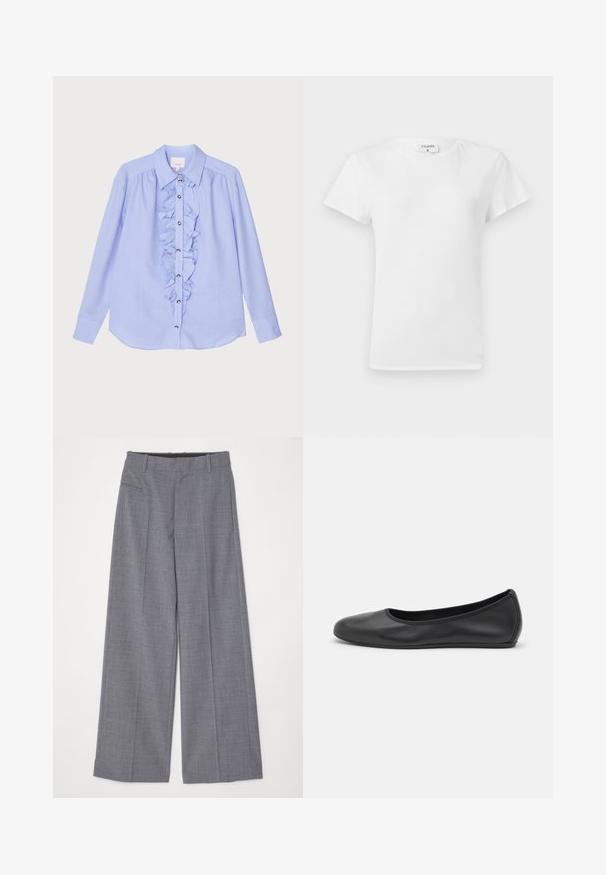 Cinq à Sept KADI - Button-down blouse - rain cloud; White cotton t-shirt with a crew neckline and short sleeves, featuring a relaxed fit and minimalistic design. Tag visible at the neck.; MM6 Maison Margiela PANTS - Trousers - grey melange; Black leather ballet flat with a rounded toe, smooth texture, minimal stitching detail, and a flexible sole design.