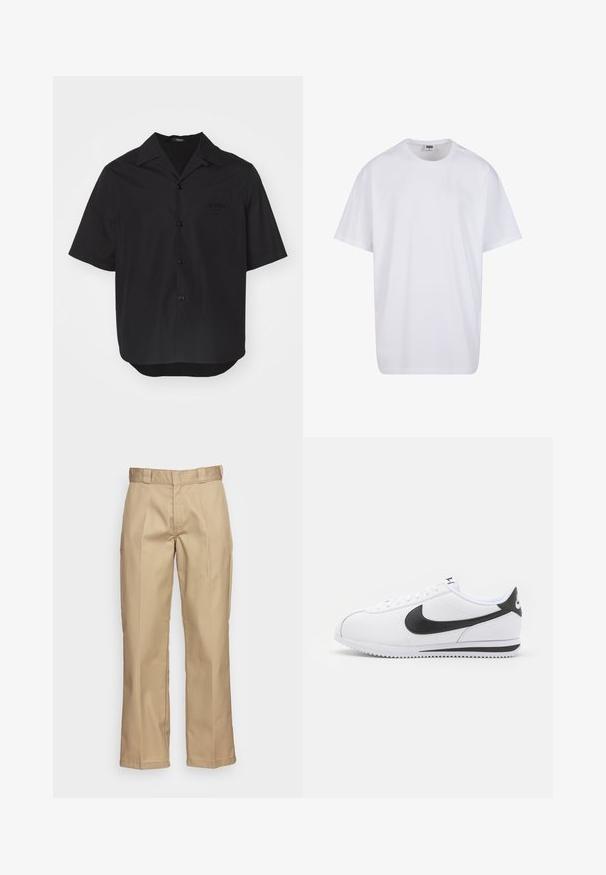 Černá košile s krátkým rukávem vyrobená z hladké tkaniny, s špičatým límcem, předním zapínáním na knoflíky a náprsní kapsou s vyraženým logem.; Bílé triko z bavlny s krátkým rukávem, kulatým výstřihem, volným střihem a bez viditelných log či vzorů. Hladká textura a minimalistický design.; Khaki kalhoty se střihem rovného nohavice, vyrobené z odolné látky, s hladkým povrchem a dvojitým skladem vpředu pro dodatečný detail.; Bílé kožené tenisky s černým logem Nike, ploché tkaničky a texturovaná gumová podrážka. Zaoblená špička a polstrovaný límec pro pohodlí.
