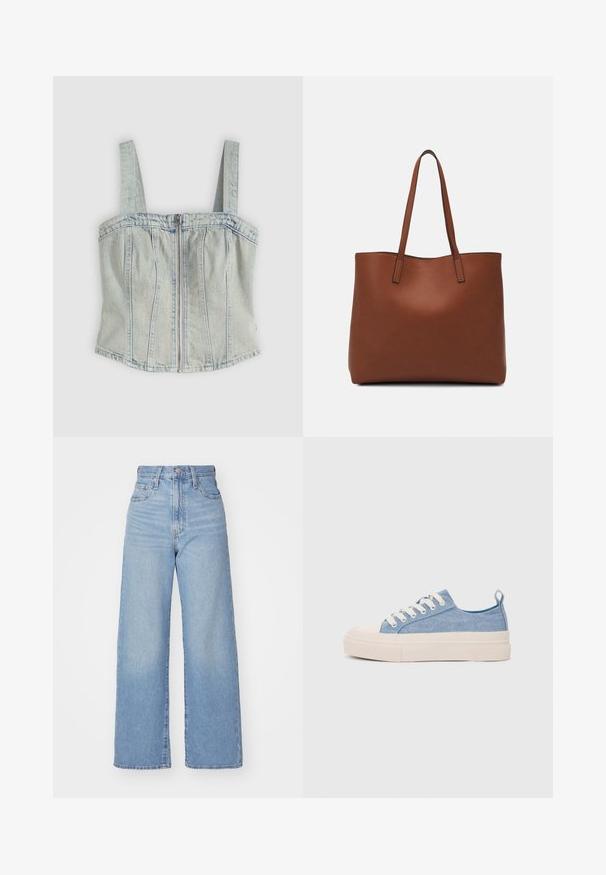 Top de corset em denim azul claro com alças largas, fechamento frontal com zíper, detalhes em costura vertical e bainha reta.; Jeans de cintura alta e perna larga em azul claro, com fecho frontal de botão e zíper, bolsos frontais e traseiros, sobre um fundo branco.; Ténis de lona azul claro com uma biqueira e sola de borracha creme, apresentando atacadores brancos e uma alça na parte de trás.; Bolsa tote de couro castanho com uma textura suave, design de abertura superior e duas alças para o ombro. Apresenta costura mínima e sem hardware visível.
