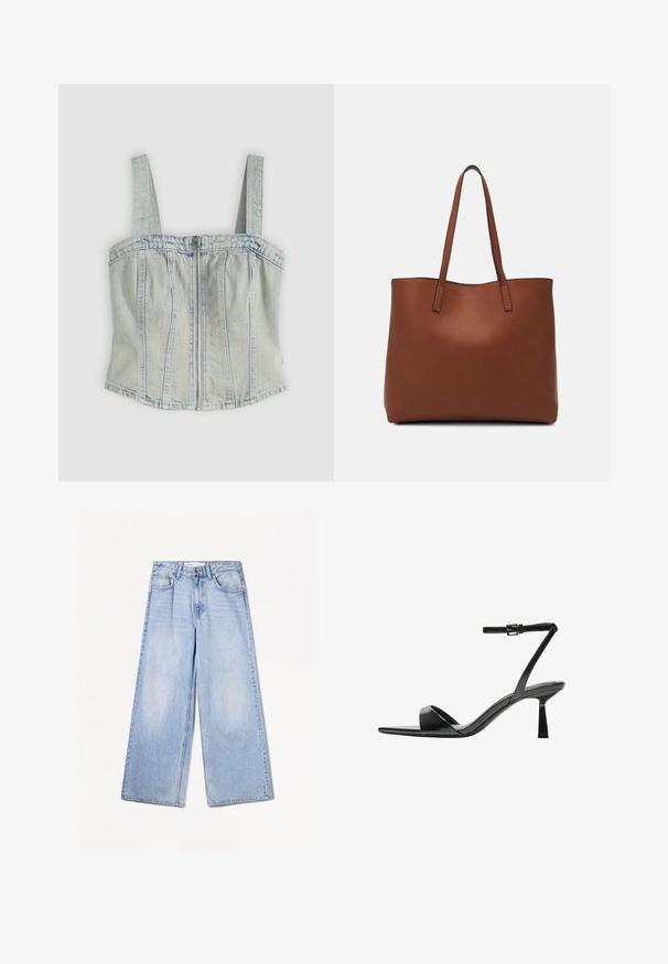 Világoskék farmercorset felső széles pántokkal, elől cipzárral záródik, függőleges varrásokkal és egyenes szegéllyel.; Bershka WIDE-LEG - Széles szárú - light-blue denim; Bershka Magas sarkú szandálok - black; Barna bőr vászontáska sima textúrával, nyitott tetejű dizájnnal és két vállpánttal. Minimális varrással és látható hardver nélkül készült.