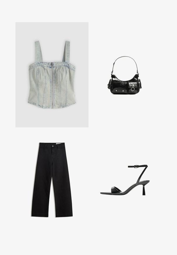 Top corsetto in denim azzurro chiaro con spalline larghe, chiusura frontale con zip, dettagli di cuciture verticali e orlo dritto.; Pantaloni in denim neri a gamba larga con vita alta, dotati di tasche anteriori e posteriori, cuciture a punto, e chiusura con bottone. Texture liscia.; Bershka Sandali con tacco - black; Borsa a spalla in vernice nera con forma curvata, una tracolla, tasche frontali e dettagli in metallo argentato.