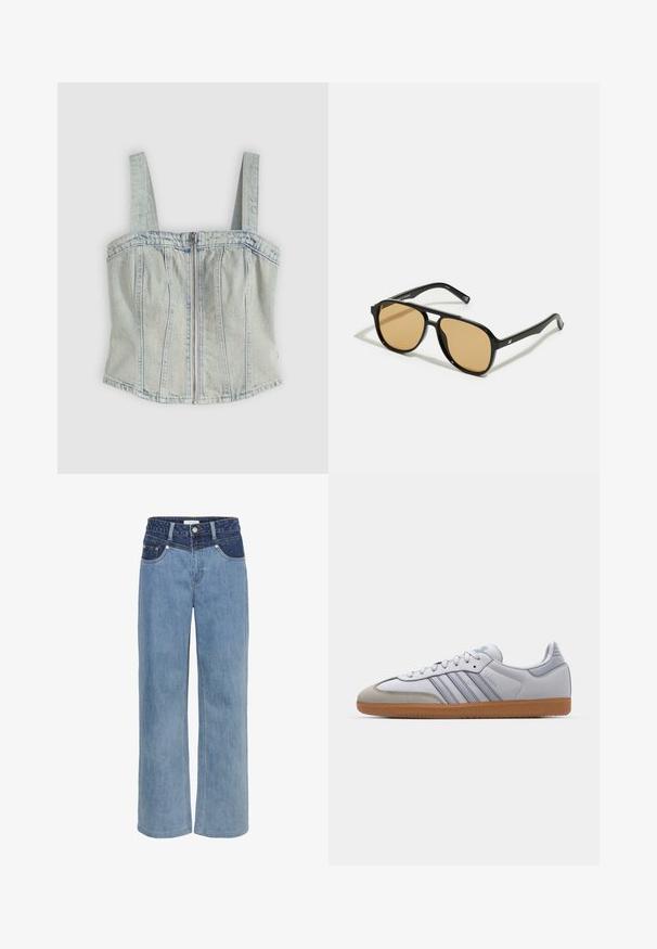 Svetlo modra denim korzetna majica z širokimi naramnicami, zadrgo spredaj, vertikalnimi šivi in ravnim robom.; Svijetloplave traper široke hlače s visokim strukom, pet džepova i kontrastnim tamnoplavim zakrpama na prednjem dijelu.; Beli usnjeni športni copati z svetlo modrimi poudarki, sivi semiš konice in rjavim gumijastim podplatom. Imajo tri modre črte in blagovno znamko "Samba".; Črne sončne očala z rjavim odtenkom leč; pravokotna oblika s širokim okvirjem, vključno z diskretno kovinsko dekoracijo na obeh strani.
