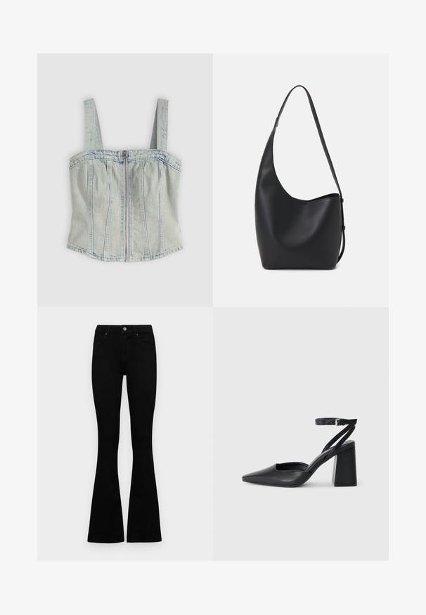 Šviesiai mėlynas džinsinis korsetas su plačiomis petnešomis, priekiniais užtrauktukais, vertikaliomis siūlėmis ir tiesia apatine juosta.; Juodos aukšto liemens džinsai su mygtuku ir užtrauktuku, priekinėmis kišenėmis ir platėjančiomis kojomis, išdėstyti ant baltos fono.; Juoda odinė smailiagalė aukštakulnio bateliai su kulkšnies dirželiu ir storu kulnu. Lygus paviršius, elegantiškas dizainas ir minimalistiška estetinė. ; Juodas odinis hobo maišas su lygiu paviršiumi, kreipta forma ir viena reguliuojama rankena; turi platų atidarymą viršuje.