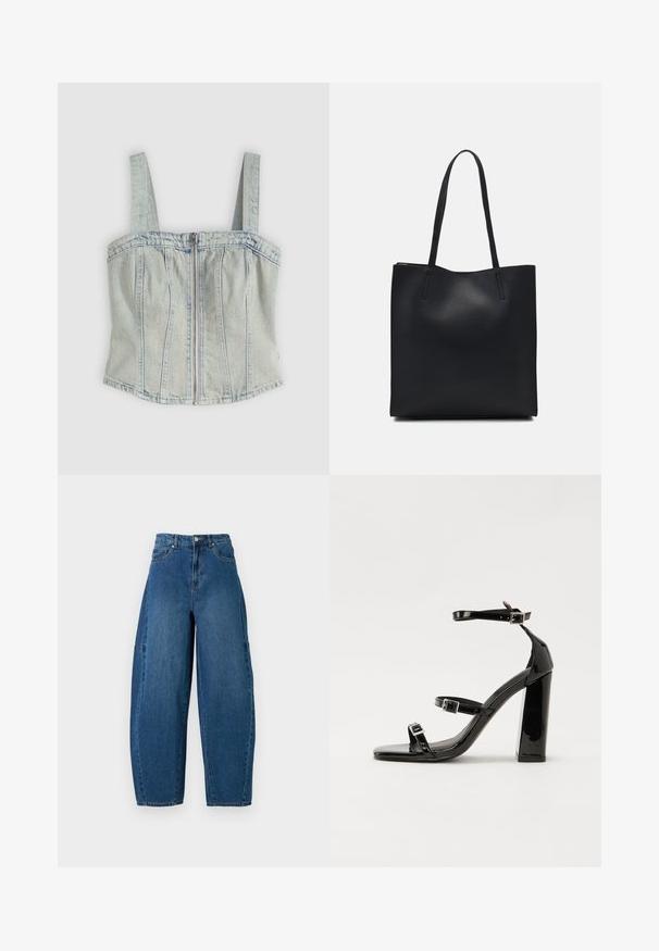 Lys blå denim korsett topp med brede stropper, glidelås i front, vertikale sømdetaljer og rett falm.; Denimjeans i en middels blå vask, med høy midje, vide ben og standard fem-roms design med synlige sømdetaljer.; Svart høyglans sandaler med hæl, firkantet tå, ankelremmer og sølvspenner. Har en kraftig blokkhæl for stabilitet.; Svart lær tote bag med glatt tekstur, rektangulær form og to lange håndtak. Ingen synlige deler eller dekorasjoner.
