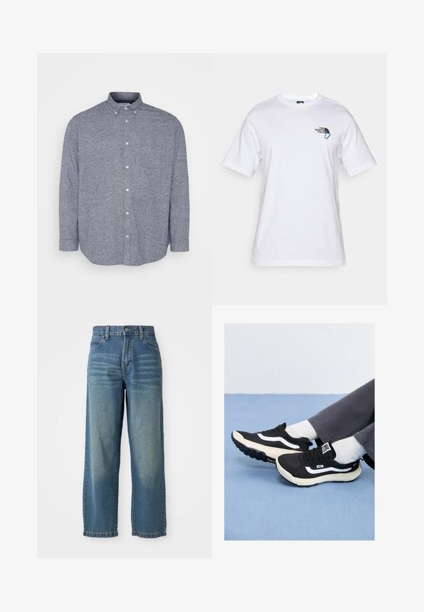 Jack & Jones JPRBLUNORRIS SHIRT - Cămașă - navy; The North Face EXPLORE CARABINER RELAXED TEE UNISEX - Tricou cu imprimeu - white; Jeans din denim de culoare albastru deschis, cu talie înaltă și croială largă, cu cinci buzunare și un finisaj ușor decolorat. Prezentă o închidere cu buton și fermoar.; Tenisi negri cu accente albe, din materiale de plasă și cauciuc, având o talpă și un tab de călcâi texturate. Purtați cu șosete albe și pantaloni gri.