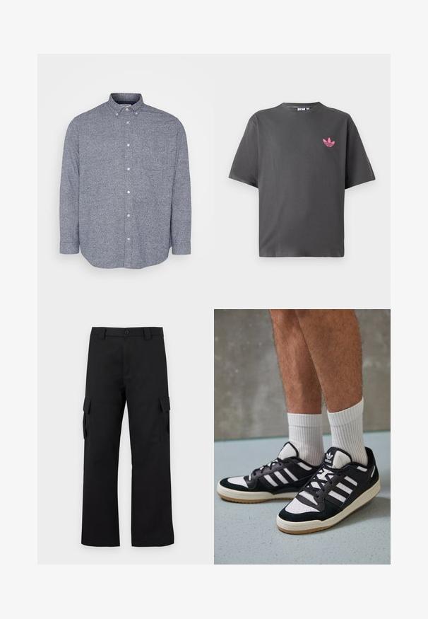 Jack & Jones JPRBLUNORRIS SHIRT - Pluus - navy; Tumedashalline lühikeste varrukatega T-särk, millel on vasakul rinnal väike roosa Adidas trefoil logo, esitatud valge tausta ees.; Mustad mustad püksid sirge lõikega disainiga. Valmistatud vastupidavast kangast, millel on kaks külgtaskut klappidega ja nupuvajutusega esiosa.; Mustvalged ja valged spordijalatsid, mille pealmine osa on valmistatud suede'ist ja nahast. Kingadel on kolm valget riba, auguline varvas ja kummist tald.