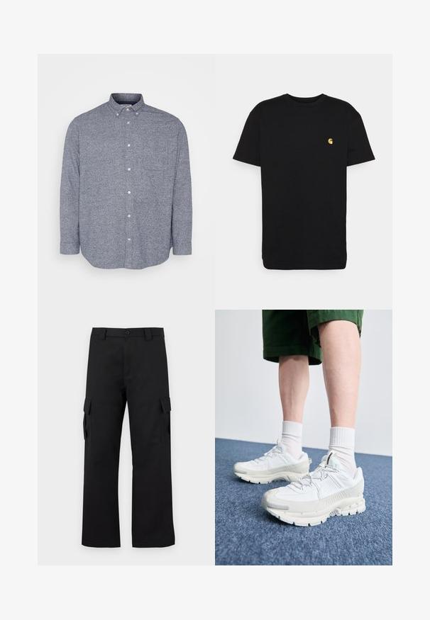 Jack & Jones JPRBLUNORRIS SHIRT - Košeľa - navy; Čierne bavlnené tričko s krátkymi rukávmi, okrúhlym výstrihom a malým žltým logom na ľavej strane hrude. Jednoduchý dizajn a bežný strih.; Čierne cargo nohavice so strihom rovného nohu. Vyrobené z odolnej látky, s dvoma bočnými vreckami so klopami a zapínaním na gombík.; Biele športové topánky s textúrovanými prešívaniami, robustnou podrážkou a sivými akcentami. Nosené s bielymi ponožkami po členky a zelenými šortkami na modrom povrchu.