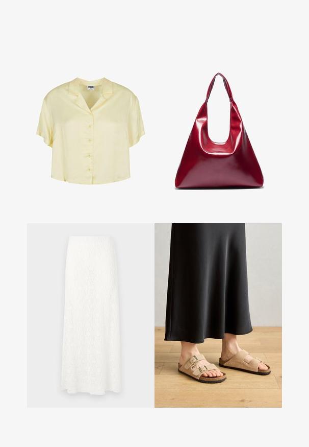 Blusa a maniche corte con colletto in morbido tessuto giallo chiaro. Presenta una chiusura con bottoni sul davanti e una vestibilità rilassata e cropped.; Gonna maxi bianca in pizzo con un motivo teksturato, vita elastica e forma fluttuante. Il tessuto sembra leggero e arioso.; Sandali in suede color beige chiaro con due cinturini regolabili a fibbia, soletta in sughero e suola in gomma, abbinati a una gonna nera lunga fino al pavimento.; Borsa a mano in pelle lucida rossa con forma triangolare, ampia apertura superiore e un manico curvo singolo. Texture liscia con dettagli di cucitura minimi.