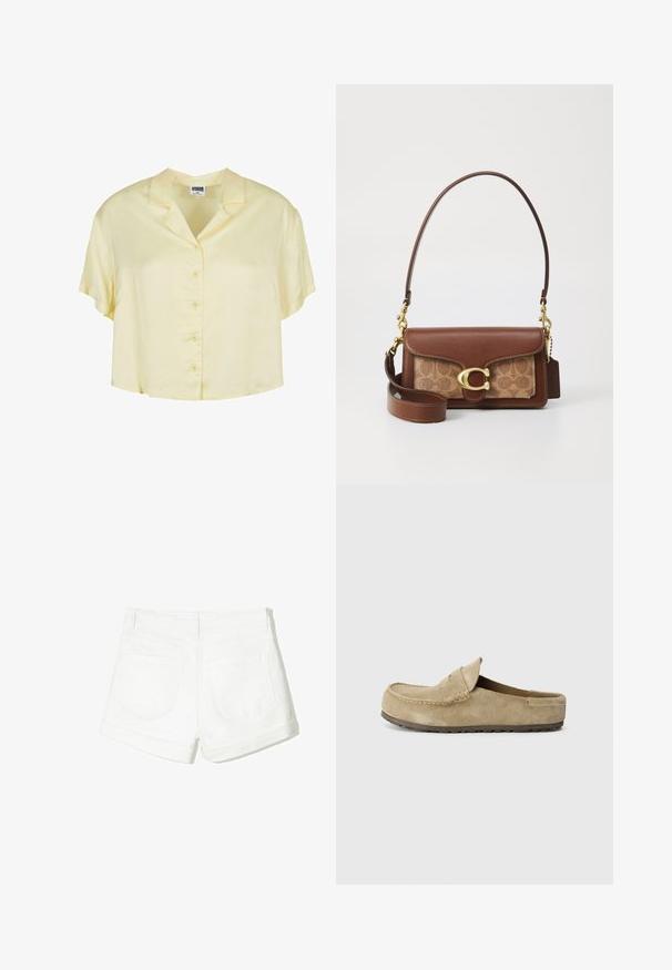 Hübsche Bluse mit kurzen Ärmeln und Kragen aus einem weichen, hellgelben Stoff. Mit Knopfverschluss vorne und einer entspannten, cropped Passform.; Weiße Denim-Shorts mit umgeschlagenem Saum, zwei Gesäßtaschen und einer glatten Textur. Einfaches Design ohne sichtbare Hardware oder Muster.; Birkenstock NAPLES WRAPPED LEVE TAUPEN - REGULAR - Pantolette flach - taupe; Braune Lederhandtasche mit einem goldenen Verschluss, ausgestattet mit einem gemusterten beigen Panel. Inklusive abnehmbarem Schultergurt und geprägtem Logo-Anhänger.