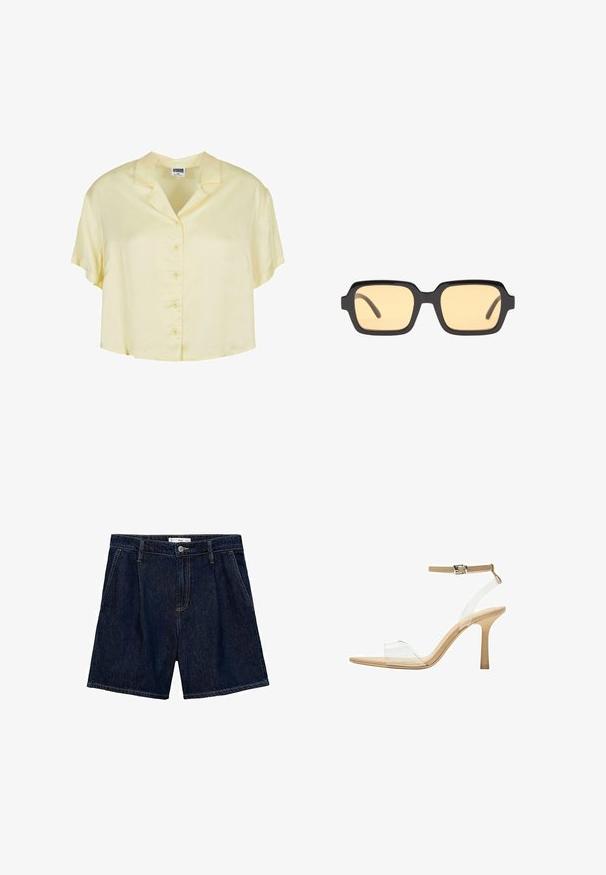 Short-sleeve, collared blouse in soft, light yellow fabric. Features button closure down the front and a relaxed, cropped fit.; Dark blue denim shorts with a high waist, featuring two side pockets and a front button closure. Smooth texture and casual design.; Clear heeled sandal with a transparent upper, beige footbed, and a slender ankle strap. Features a pointed toe and a thin high heel.; Black rectangular sunglasses with yellow lenses, lightweight frame, and distinctive blunt edges on the temples. Smooth, glossy finish.; Brown leather tote bag with a smooth texture, open top design, and two shoulder straps. Features minimal stitching and no visible hardware.