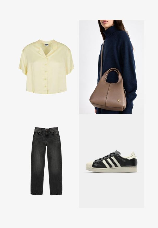 Kortärmad blus med krage i mjukt, ljusgult tyg. Har knäppning fram och en avslappnad, cropped passform.; Svarta denimjeans med avslappnad passform, rak benprofil, femficksdesign och en något bleknad textur. Knapp och dragkedja framtill.; Svart lädersneaker med vita ränder, gummitåhätta, svarta snören och en krämfärgad sula. Slät textur med blank yta.; Läderhandväska i ljusbrun med en strukturerad form, ett handtag upptill, en justerbar axelrem och en diskret guld-logotyp.