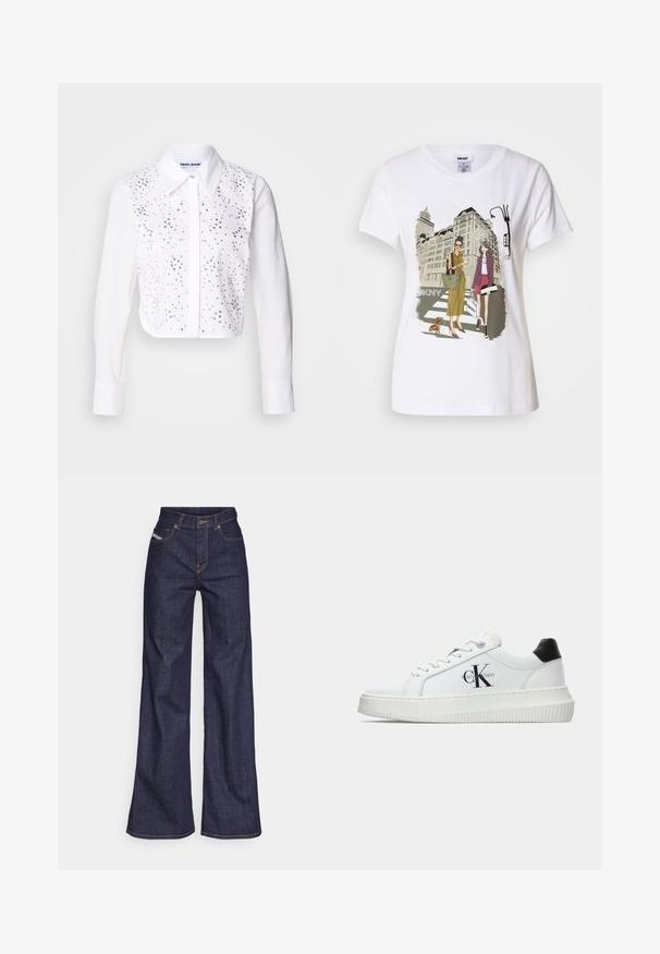 Balta trumpa marškiniai su apykakle, su sidabro spalvos dekoratyviniais metaliniais taškais priekyje. Užsegimas mygtuku, ilgos rankovės su rankogaliais.; Baltos medvilnės marškinėliai su spausdinta iliustracija, kurioje pavaizduotos dvi moterys urbanistiniais mados stiliais su šunimi perėjimo zonoje ir miesto pastatai.; Tamsiai mėlynos plačios kojų džinsinės kelnės iš denimo audinio su aukštu liemeniu, su oranžinėmis siūlėmis, penkių kišenių dizainu ir sagčių užsegimu.; Balti žemakulniai bateliai su juodu kulno dangteliu, platformos padu, raišteliais ir Calvin Klein "CK" logotipu šone.