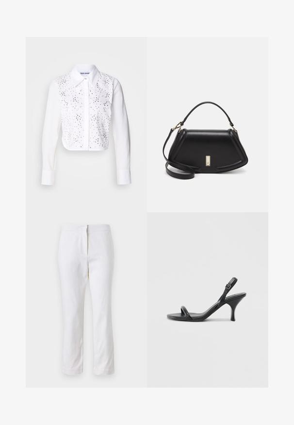 White cropped shirt with a collared neck, featuring silver stud embellishments on the front. Button closure, long sleeves with cuffs.; White cotton pants with a straight leg design, featuring a mid-rise waist and no visible hardware or patterns. Smooth texture throughout.; Black leather high-heeled sandals with a slim, curved heel and a crossed strap design. Adjustable ankle strap. Smooth texture.; Black leather handbag with a structured design, featuring a cropped shape, top handle, and gold hardware accent. Adjustable shoulder strap included.