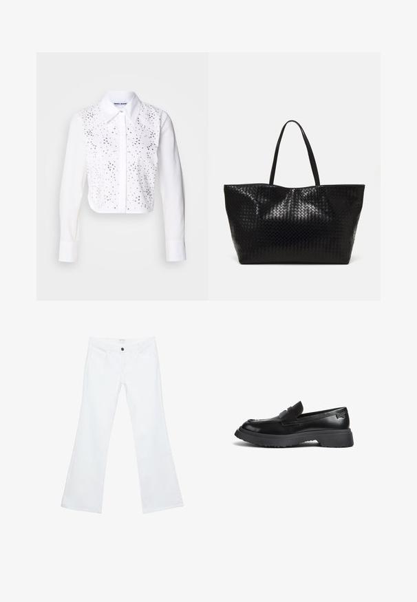 Camicia bianca cropped con collo a punta, arricchita da borchie argentate sul davanti. Chiusura con bottoni, maniche lunghe con polsini.; Jeans bianchi a zampa d'elefante realizzati in denim, con un davanti piatto caratterizzato da cuciture distintive, due tasche frontali e un singolo bottone nero in vita.; Mocassino in pelle nera con suola in gomma spessa, fascia per monete e punta arrotondata, mostrato in profilo laterale su sfondo bianco.; Borsa tote nera intrecciata con due manici robusti, caratterizzata da una texture lucida e un ampio design a apertura aperta.