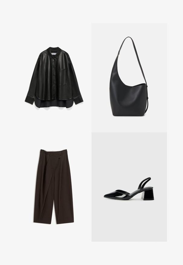 Schwarzes Lederhemd mit spitzen Kragen, Knopfleiste, einer Brusttasche, langen Ärmeln und lässiger Passform, mit kontrastierendem unteren Saum.; Dunkelbraune, weite Hosen mit hohem Bund, die über einen einzigen Knopfverschluss und eine gefaltete Vorderseite verfügen. Hergestellt aus leichtem Stoff.; Schwarze Lackleder-Slingback-High Heels mit spitzem Schuh und einem geometrischen Blockabsatz. Verfügt über ein schlankes, minimalistisches Design und eine glatte Textur.; Schwarze Leder-Hobo-Tasche mit einer glatten Textur, geschwungener Form und einem einzelnen verstellbaren Tragegurt; verfügt über eine weite Öffnung am oberen Ende.