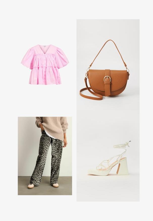 Blusa rosa con scollatura a V, maniche corte a palloncino, orlo scallop e chiusura frontale con bottoni. Realizzata in cotone leggero con una vestibilità morbida e arricciata.; Pantaloni a gamba larga con stampa leopardata, realizzati in un tessuto morbido, con una vita elastica e una combinazione di colori nero e beige. Abbinati a un maglione beige.; Sandalo bianco con tacco alto, caratterizzato da un design a cinturini e un legaccio alla caviglia. Texture liscia con una piattaforma frontale per un'altezza aggiuntiva.; Borsa a tracolla in pelle marrone con forma curvata, hardware dorato e un dettaglio con fibbia. Presenta una tracolla rimovibile.