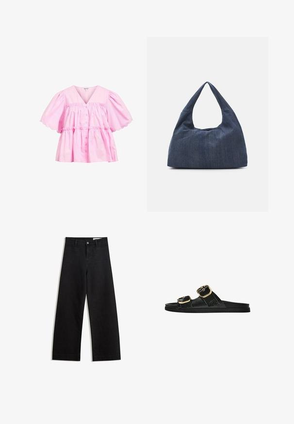 Rosa blus med V-ringning, korta puffärmar, scallopad fåll och knäppning fram. Tillverkad av lätt bomull med en samlad, avslappnad passform.; Svarta vida denimbyxor med hög midja, med fram- och bakfickor, sydda sömmar och knappstängning. Slät textur.; Svart glidsandal med två guldfärgad spännen, slät textur av material, platt sula och en minimalistisk design.; Mörkblå denimväska med en mjuk, slapp form, som har ett hobo-inspirerat handtag och en texturerad yta. Inga synliga metallaccenter.