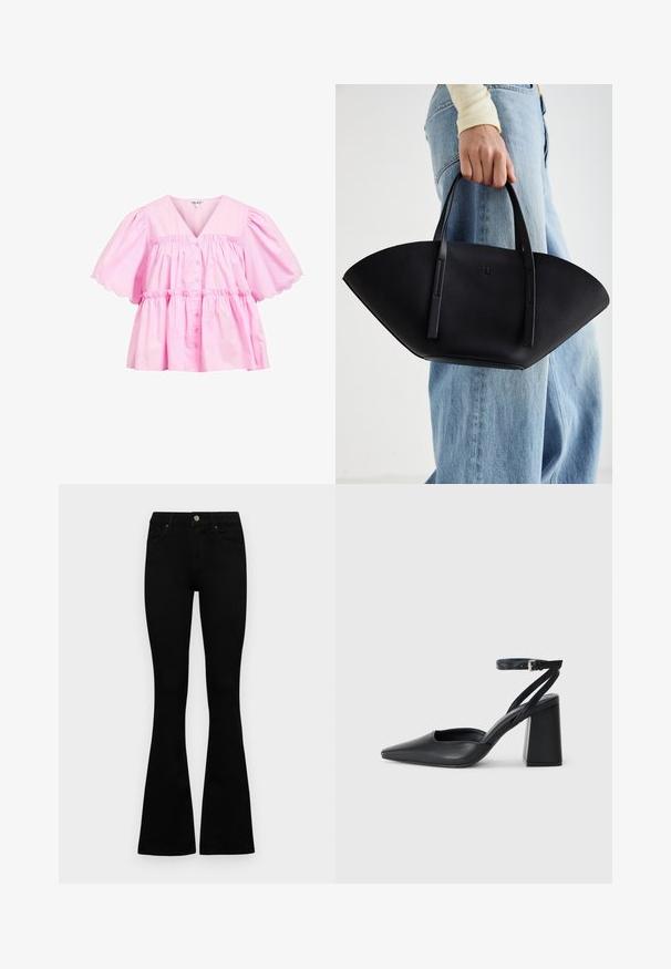 Roza bluzica z V-izrezom, kratkimi pa puff rokavi, valovitim robom in gumbi na sprednji strani. Narejena iz lahkotnega bombaža z nabranim, sproščenim krojem.; Črne visokotopne kavbojke z gumbom in zadrgo, sprednjimi žepi in razširjenimi hlačnicami, poleg bel background.; Črne usnjene klasične čevlje z ostrim nosom, z zaponko za gleženj in debelim peto. Ravna tekstura, eleganten dizajn in minimalistična estetika.; Črna usnjena torbica z edinstveno obliko ventilatorja, z ravnimi ročaji. Površina ima teksturo z drobnimi kamni in minimalističen dizajn.