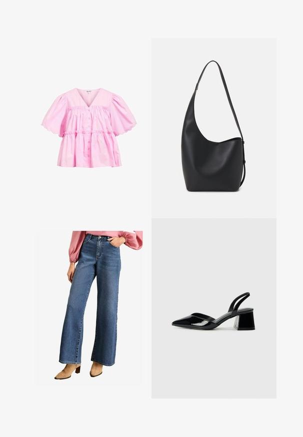Pink blouse with a V-neck, short puff sleeves, scalloped hemline, and button front. Made of lightweight cotton with a gathered, relaxed fit.; Blue wide-leg jeans made of denim, featuring a high waist, front pockets, and a classic five-pocket design. Smooth texture with a dark wash.; Black patent leather slingback heels with a pointed toe and a geometric block heel. Features a sleek, minimal design and smooth texture.; Black leather hobo bag with a smooth texture, curved shape, and single adjustable strap; features a wide opening at the top.; Silver-tone hoop earrings with a polished finish, rounded shape, smooth texture, and a secure clasp mechanism.