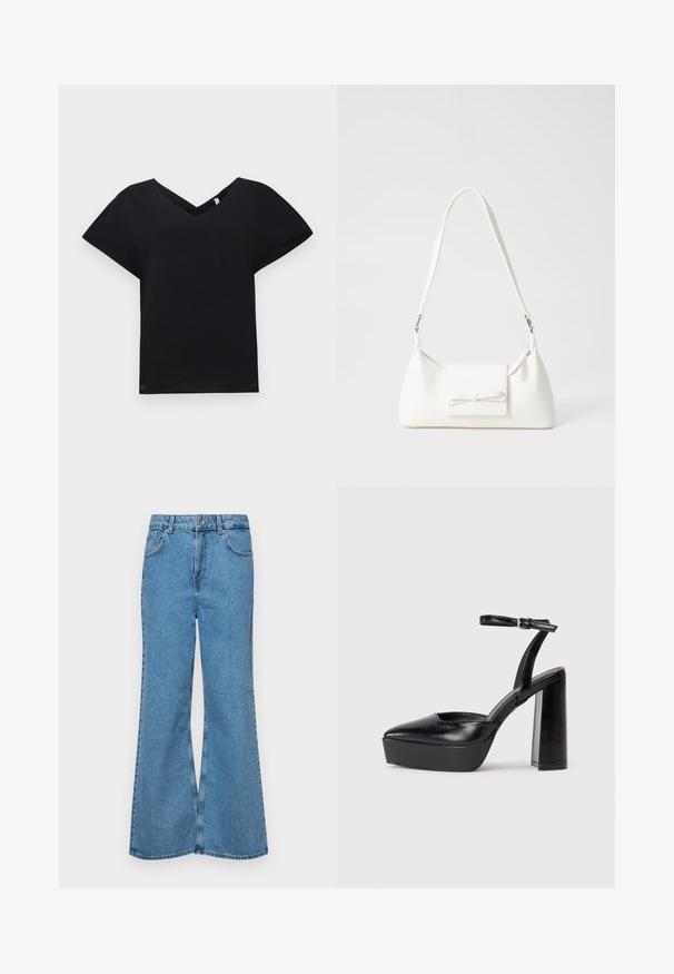Black V-neck t-shirt with short sleeves, made of smooth fabric. Features a relaxed fit and a unique crisscross design at the neckline.; Light blue flared jeans made of denim, featuring a high waist, five pockets, and a single button closure. Soft texture with faded finish.; Black platform heels with a pointed toe and adjustable ankle strap. Constructed from smooth leather, featuring a chunky block heel.; White synthetic handbag with a triangular shape, flat front flap and bow detail, adjustable strap, smooth texture, and minimalistic design.
