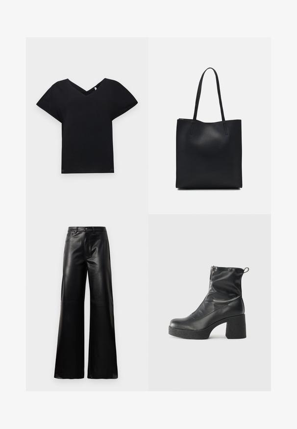 Svart T-skjorte med V-hals og korte ermer, laget av glatt stoff. Den har en avslappet passform og et unikt kryssdesign ved halsen.; Sorte høy midje vide ben bukser i imitert skinn med knapp foran, glidelås, beltehemper og sidelommer på hvit bakgrunn.; Svarte ankelstøvler laget av glatt lær, med glidelås på siden, chunky strukturert hæl, og rund tå-design.; Svart lær tote bag med glatt tekstur, rektangulær form og to lange håndtak. Ingen synlige deler eller dekorasjoner.