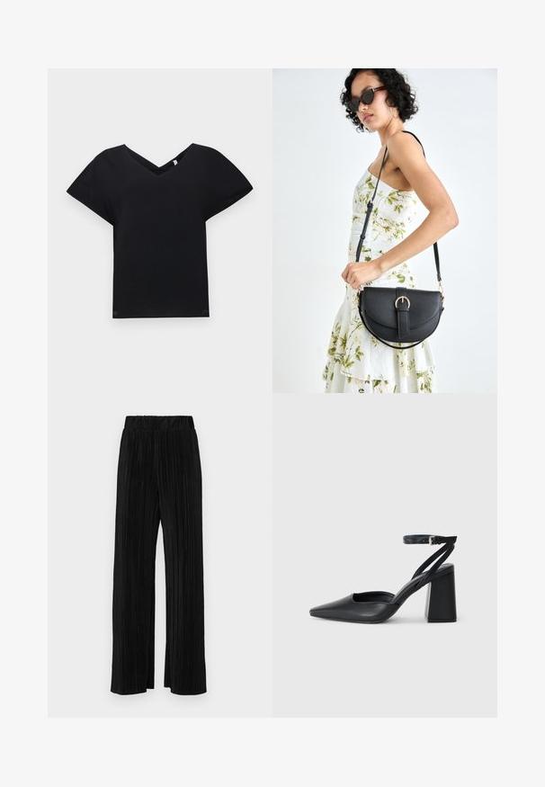 Juodas V-kaklo marškinėliai su trumpomis rankovėmis, pagaminti iš lygaus audinio. Įrengti laisvu siluetu ir unikaliu kryžminiu dizainu iškirptėje.; Juodi plisuoti kelnės su elastine juosta. Turėkite plačias kojas ir glotnų, tekstūrinį audinį su vertikaliais dryžiais.; Juoda odinė smailiagalė aukštakulnio bateliai su kulkšnies dirželiu ir storu kulnu. Lygus paviršius, elegantiškas dizainas ir minimalistiška estetinė. ; Juodas odinis krepšys su išlenkta forma, nuimamu dirželiu ir auksiniais detalėmis. Krepšys turi kilpą su sagtimi.