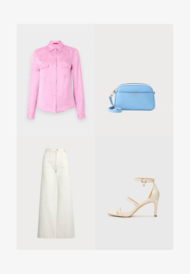 Rožinė ilgomis rankovėmis marškininė su gyvatės raštu, mygtukų užsegimas priekyje, apykaklė ir dvi krūtinės kišenės; lygus audinys ir prigludusi forma.; Plati kojinės džinsai of white denimo. Aukštas liemuo, su mygtuko uždarymu, dviem priekinėmis kišenėmis ir kontrastingai siuvinėjimu.; Šviesiai rudos aukštakulnės sagaus su plona kulkšnies juostele ir dviem viršutinėm juostelėm. Blizgus lakinės odos apdailos ir auksinė detalių apdaila ant kulkšnies juostelės.; Šviesiai mėlyna odinė per Petį nešama rankinė su auksinės spalvos detalėmis, užtrauktuko uždarymu ir priekinėmis kišenėmis. Yra reguliuojama dirželis patogumui.