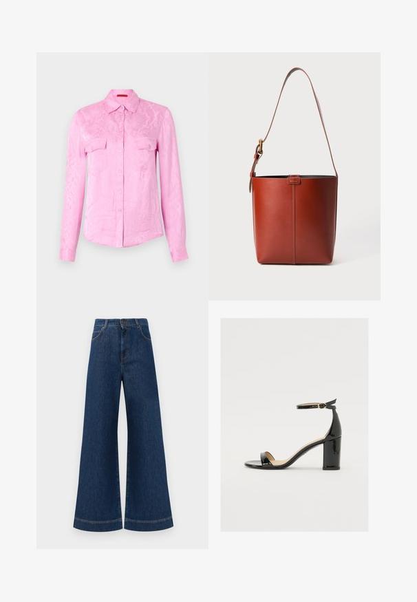Camisetă roz cu mânecă lungă, cu model imprimat de șarpe, cu închidere cu nasturi în față, guler și două buzunare pe piept; textură netedă și design ajustat.; Jeans din denim albastru cu picioare largi și talie înaltă, având închidere cu buton, bucle pentru curea și detalii discrete de cusut pe buzunare și la tivuri.; Sandal cu toc lat din piele lacuită neagră, cu vârf deschis și curea pentru gleznă, având o cataramă aurie. Textură netedă și design elegant.; Geantă de mână din piele maro, cu m解除at la umăr reglabil și cataramă aurie, detaliu simplu cu cusătura verticală pe față.