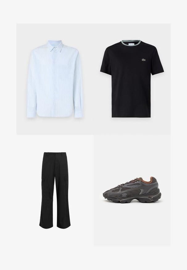 Jasnoniebieska, w poziome paski koszula zapinana na guziki, z długim rękawem, standardowym kołnierzykiem i jedną kieszonką na piersi. Wykonana z gładkiego materiału z pionowymi paskami.; Czarna bawełniana koszulka z okrągłym dekoltem, z białym i zielonym paskiem wykończeniowym oraz wyszywanym zielonym logo krokodyla po lewej stronie klatki piersiowej.; Czarne spodnie cargo wykonane z lekkiej tkaniny, z luźnym krojem, dwoma dużymi bocznymi kieszeniami i zapięciem na guzik.; Sneakers Lacoste w ciemnoszarym kolorze, wykonane z siateczki i materiału syntetycznego, z teksturowaną podeszwą oraz brązowymi akcentami na kołnierzu i logotypie.