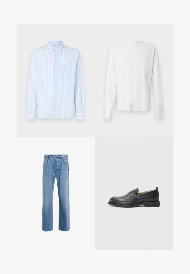 Hellblaue gestreifte Hemdbluse, langärmlig, mit Standardkragen und einer einzelnen Brusttasche. Hergestellt aus einem glatten Stoff mit vertikalen Streifen.; Langärmliges weißes Baumwollhemd mit rundem Ausschnitt, seitlichen Schlitzen am unteren Rand und glatter Textur, von hinten präsentiert.; Helle blaue Jeans im Geradeschnitt-Design, mit fünf Taschen, Knopfverschluss, minimaler Ausbleichung und kontrastierenden Nähdetails.; Schwarzlederne Slipper mit einem glatten Finish, einer flachen Sohle und einer abgerundeten Zehenpartie, die einen dekorativen Riemen über dem Obermaterial aufweisen.