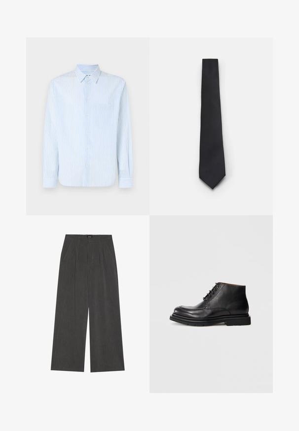 Lichtblauw gestreept overhemd met knopen, lange mouwen, standaard kraag en één borstzak. Gemaakt van een gladde stof met verticale strepen.; Wijde broek in donkergrijs stof, met een geplooide voorkant, twee zijzakken en een vlakke tailleband. Glad oppervlak en gepaste ontwerpelementen.; Zwarte leren enkellaars met vetersluiting, ronde neus en dikke rubberen zool tegen een effen witte achtergrond.; Smalle zwarte stropdas met een gestructureerd, diagonaal ribbelpatroon. Beschikt over een spitse punt en een gladde afwerking. Geschikt voor formele kleding.