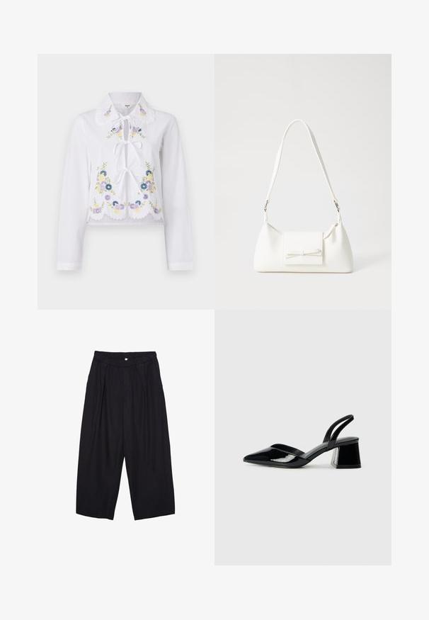 Bijela majica dugih rukava s ruffled ovratnikom, prednjim vezanjem i šarenim cvjetnim vezom. Prisutne su detalji s valovitim rubom.; Crne poliester hlače culotte s elastičnim pojasom, dva prednja nabora i širokim krojem. Nema vidljivih uzoraka ili metalnih detalja.; Crne lakirane kožne sandale s otvorenom petom i špicastim vrhom, s geometrijskom blok petom. Imaju elegantan, minimalistički dizajn i glatku teksturu.; Bijela sintetička torbica s trokutastim oblikom, ravnim prednjim poklopcem i detaljem u obliku mašne, podesivom remenom, glatkom teksturom i minimalističkim dizajnom.